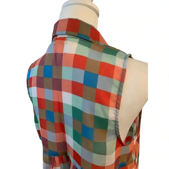 TRAMP buttonup sheer colorful checkerboard sleeveless shirt size m - Picture 8 of 9